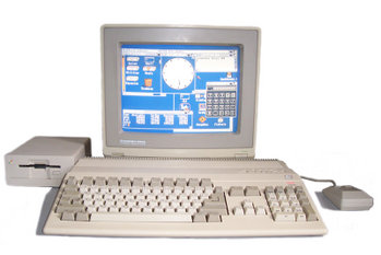 An Amiga 500 computer system, with 1084S RGB monitor and A1010 floppy disk drive.