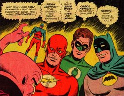The placement of Batman's reference to Robin at the end of a series of sexual innuendos renders what by itself would be a reasonable parental reaction into a comical punch line with homoerotic overtones.  From Justice League of America #44.  Published in 1966.