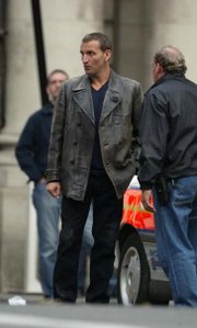Christopher Eccleston on set in London during filming for Doctor Who in 2004.