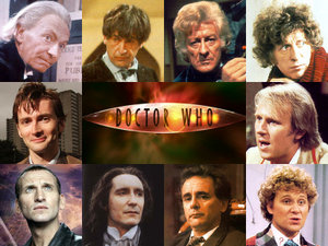 The ten faces of the Doctor. Clockwise from top-left: William Hartnell, Patrick Troughton, Jon Pertwee, Tom Baker, Peter Davison, Colin Baker, Sylvester McCoy, Paul McGann, Christopher Eccleston and David Tennant.