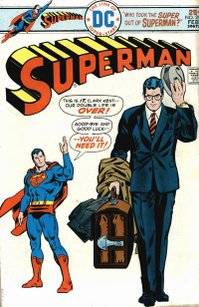 Superman and Clark Kent. From Superman (volume 1) #296, February 1976. Art by Curt Swan.