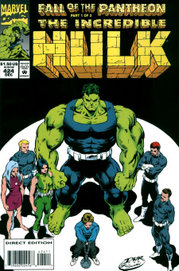 The Merged Hulk, surrounded by other Pantheon members