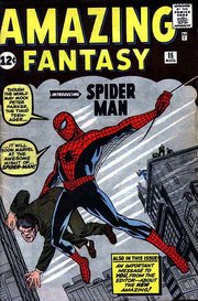 Amazing Fantasy #15 (Aug. 1962), the first appearance and origin story of Spider-Man. Cover art by Jack Kirby (penciler) and Steve Ditko (inker).