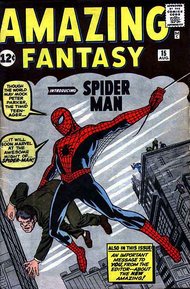 Amazing Fantasy #15 (1962), the first appearance of Spider-Man, Lee's most famous co-creation, with cover art by Jack Kirby