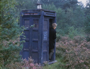 The Third Doctor emerging from the TARDIS (from the 1970 serial Spearhead from Space).