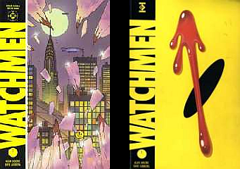 Cover art for both the U.S. and U.K. collected editions of the Watchmen comics, published 1987 by DC Comics/Titan Books