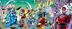 X-Men #1 (1990s) had several variant covers, including this wraparound and gatefold version combining the four other covers. Art by Jim Lee.